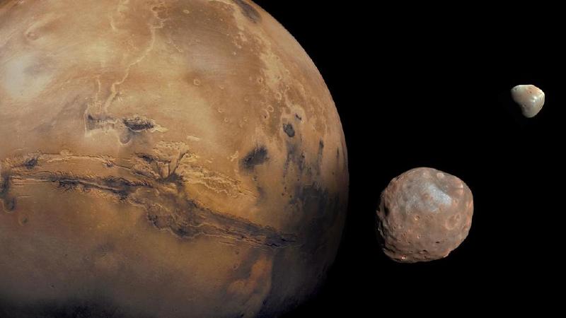 Mars with its two moons: Phobos and Deimos