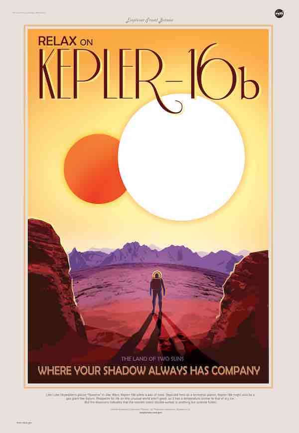 Travel poster of a human on the exoplanet Kepler-16b standing on rocky terrain under a yellow sky containing two suns