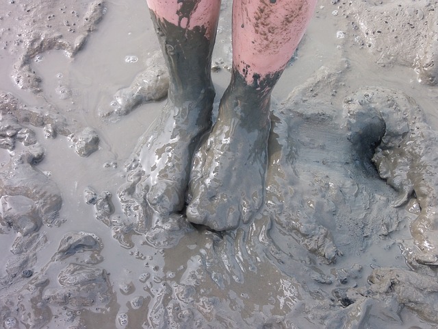 Person's feet standing in mud