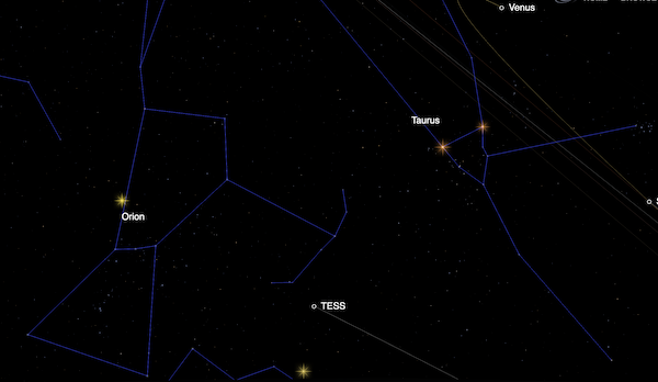 Map showing the constellations Orion and Taurus with stars hosting exoplanets highlighted