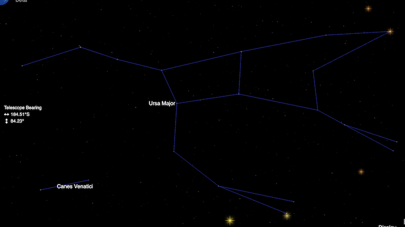 Map of the constellation Ursa Major with stars hosting exoplanets highlighted in orange and yellow