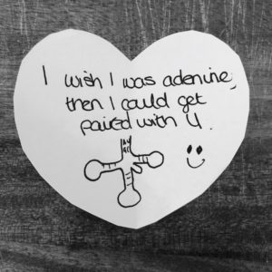 Biology joke for kids: I wish I was adenine, then I could get paired with U. Handwritten on a heart-shaped note.