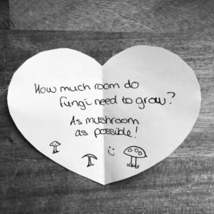 Science joke for kids on a white paper heart: How much room do fungi need to grow? As mushroom as possible!