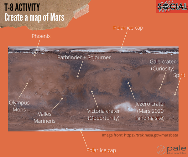 Map showing the surface of Mars including major landmarks and rovers